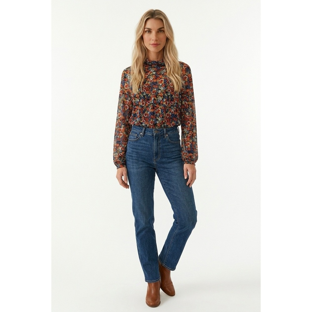 Free People Floral Mesh Mock Neck Open Back Tie Sleeve Blouse Multi Color Size M